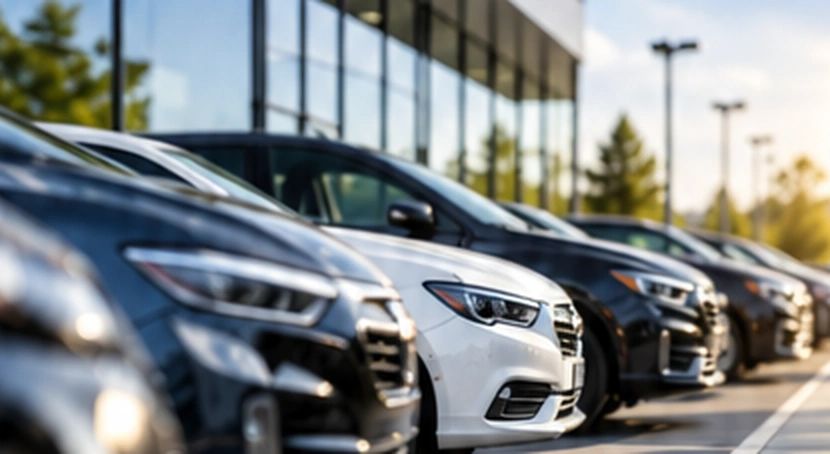 Vehicles lined up outside a modern dealership